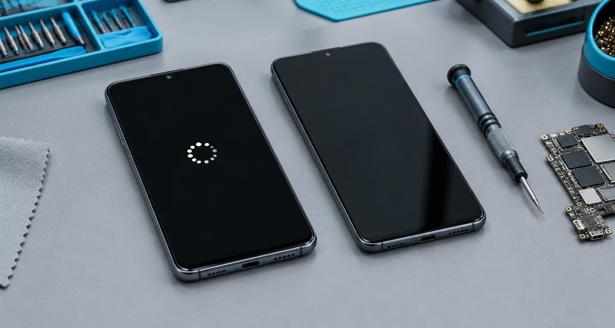 Smartphone mit Ladeanzeige in einer Startschleife auf einem Reparatur-Arbeitsplatz