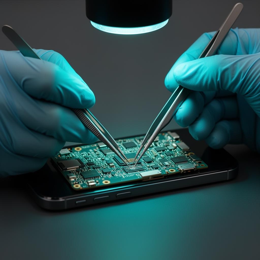 Mikrolötarbeit an iPhone NAND-Chip im Labor