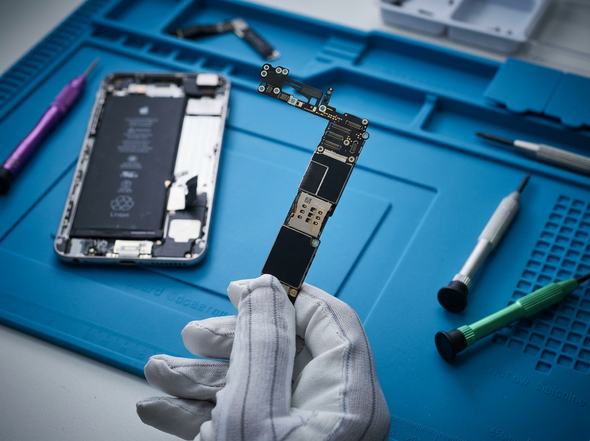 Techniker hält iPhone-Logicboard über ESD-Matte zur Datenrettung